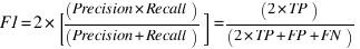 F1=2*[(Precision*Recall)/(Precision+Recall)]=(2*TP)/(2*TP + FP + FN)