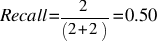 Recall = 2 / (2 + 2) = 0.50